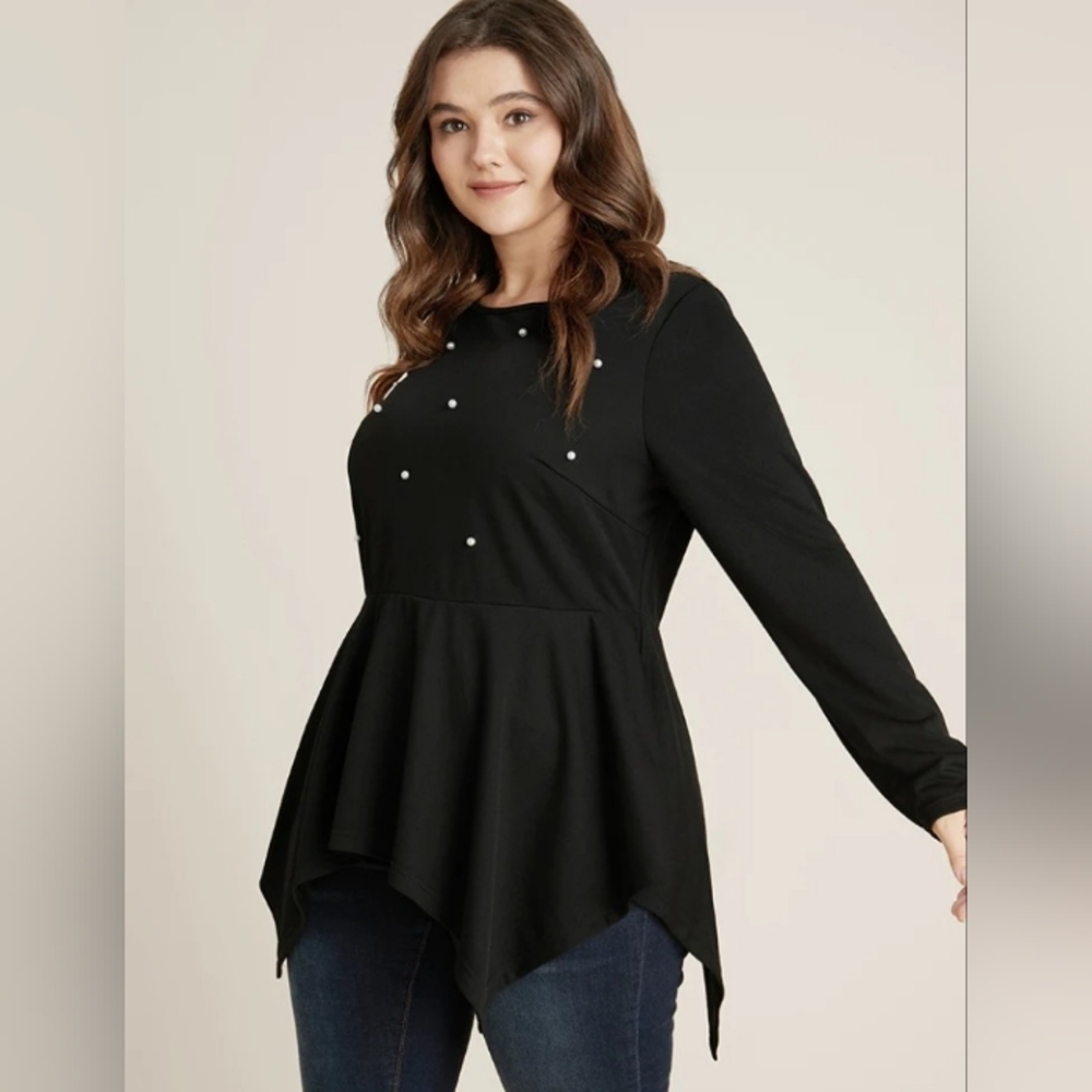 BloomChic, Beaded Pearl, Assymetrical Hem, Long Sleeve Top, Black, Size L